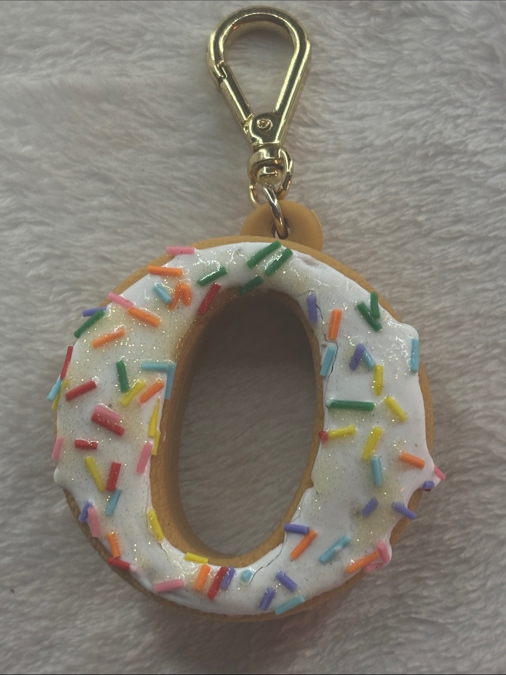 Kids Donut Keychain Bag Charm in White Icing with Multicolor Sprinkles